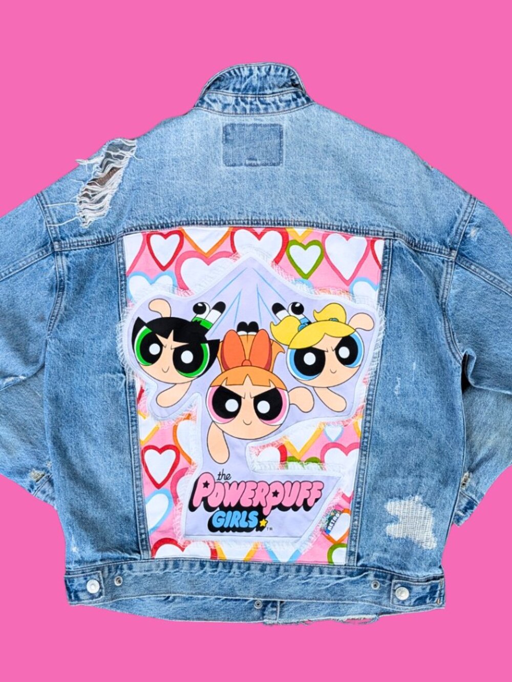 The Powerpuff Girls Upcycled T-Shirt Denim Jacket Size M for Women